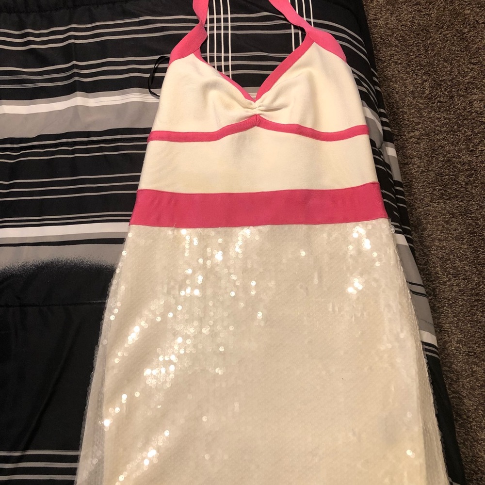 Banded pink and white sequin BeBe dress.